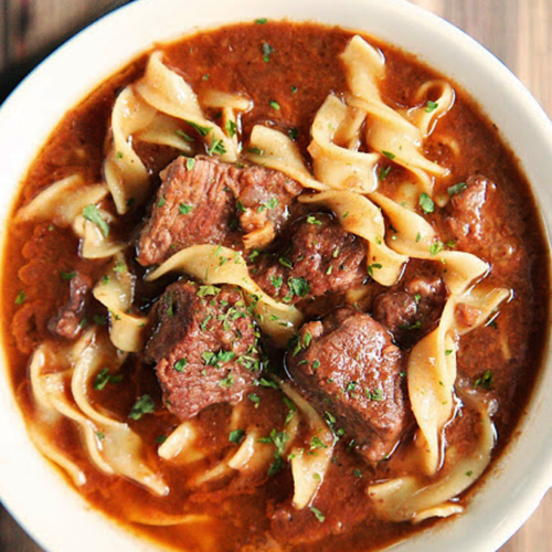 Slow Cooker Steak Soup with Egg Noodles
